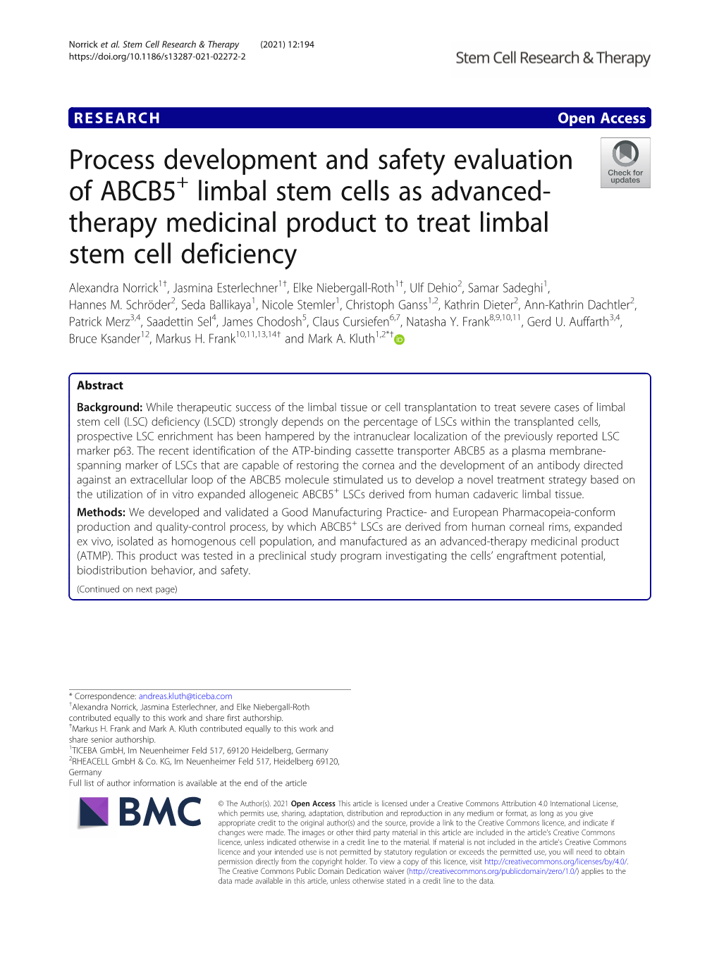 Process Development and Safety Evaluation of ABCB5+ Limbal Stem Cells As Advanced-Therapy Medicinal Product to Treat Limbal Stem