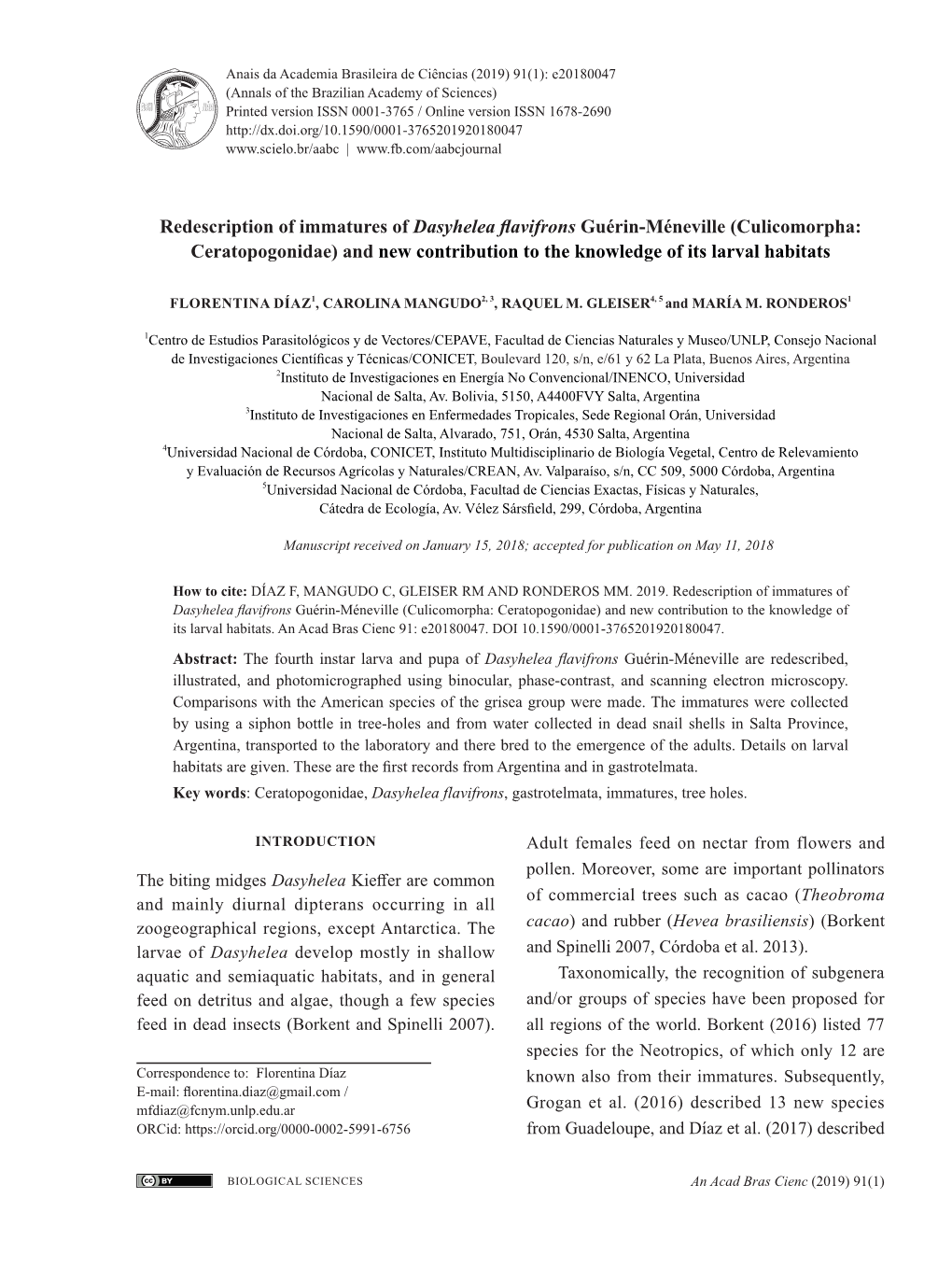 Redescription of Immatures of Dasyhelea Flavifrons Guérin-Méneville (Culicomorpha: Ceratopogonidae) and New Contribution to the Knowledge of Its Larval Habitats