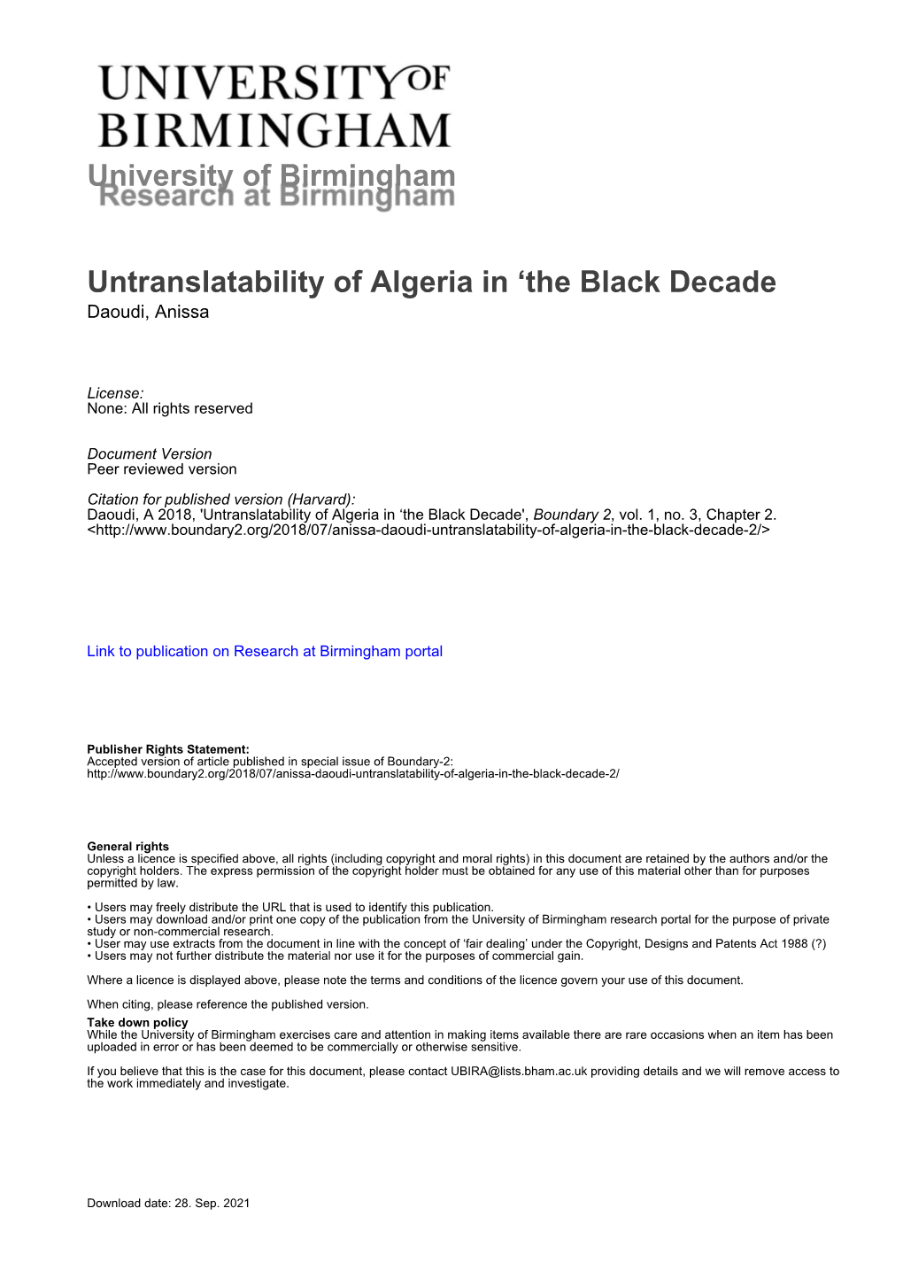 University of Birmingham Untranslatability of Algeria in 'The Black Decade
