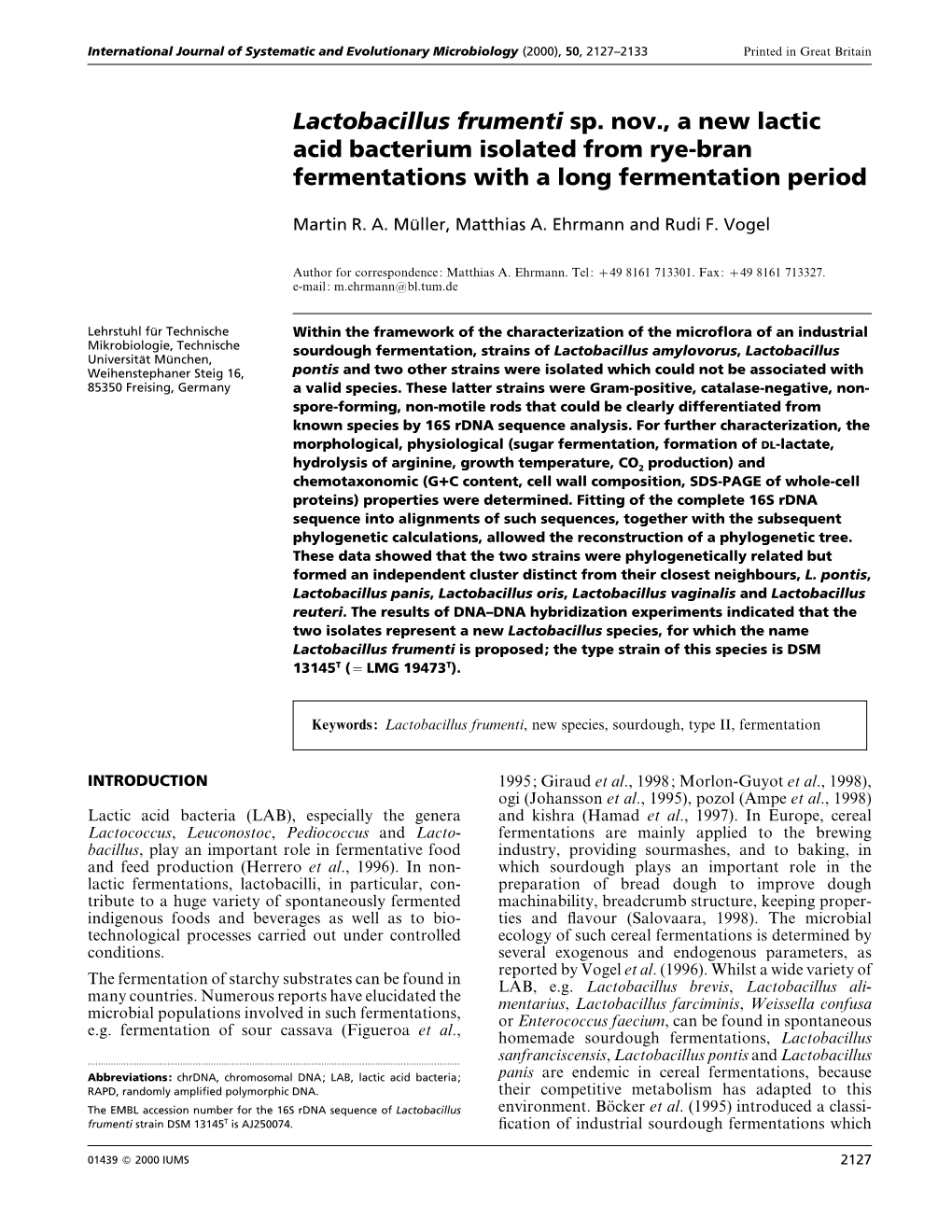 Lactobacillus Frumenti Sp. Nov., a New Lactic Acid Bacterium Isolated from Rye-Bran Fermentations with a Long Fermentation Period