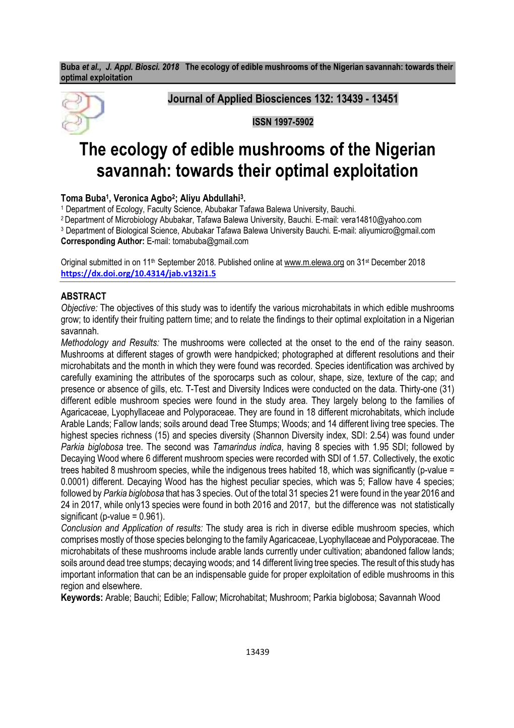 The Ecology of Edible Mushrooms of the Nigerian Savannah: Towards Their Optimal Exploitation Journal of Applied Biosciences 132: 13439 - 13451