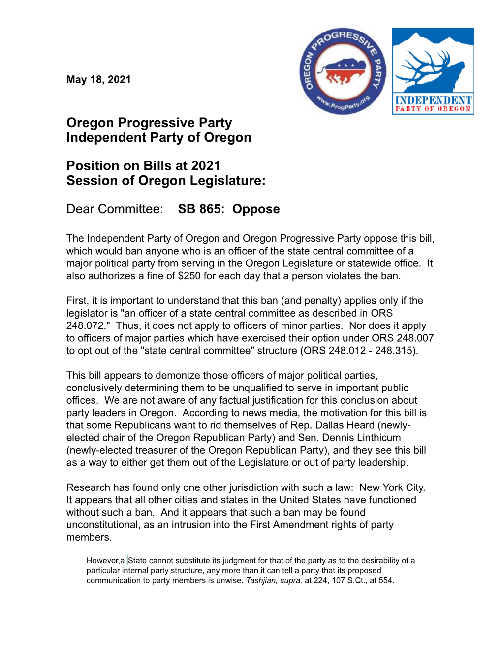 Oregon Progressive Party Independent Party of Oregon Position On