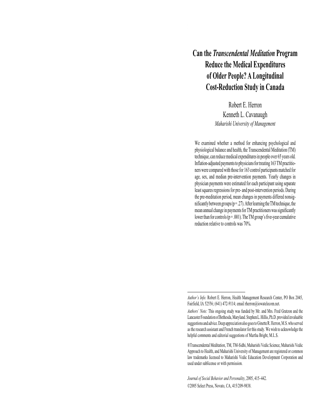 Can the Transcendental Meditation Program Reduce the Medical Expenditures of Older People? a Longitudinal Cost-Reduction Study in Canada