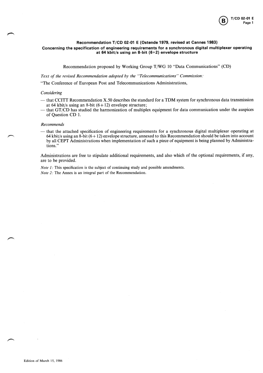 Specification of Engineering Requirements for a Synchronous Digital Multiplexer Operating at 64 Kbit/S Using an 8-Bit (6+2) Envelope Structure