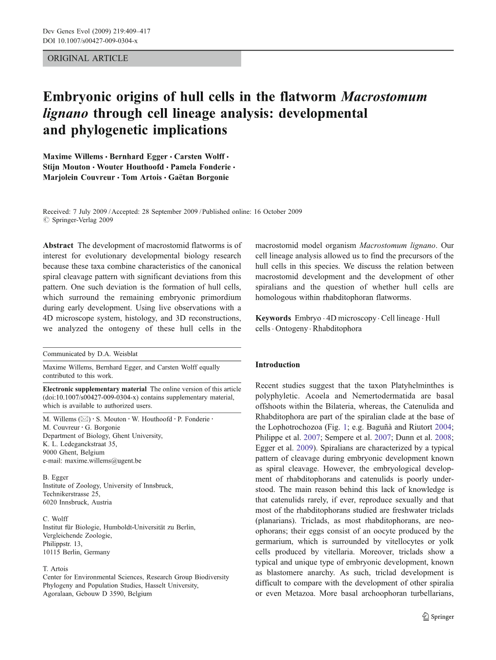 Embryonic Origins of Hull Cells in the Flatworm Macrostomum Lignano Through Cell Lineage Analysis: Developmental and Phylogenetic Implications