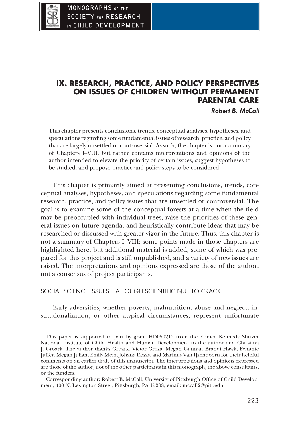 IX. RESEARCH, PRACTICE, and POLICY PERSPECTIVES on ISSUES of CHILDREN WITHOUT PERMANENT PARENTAL CARE Robert B