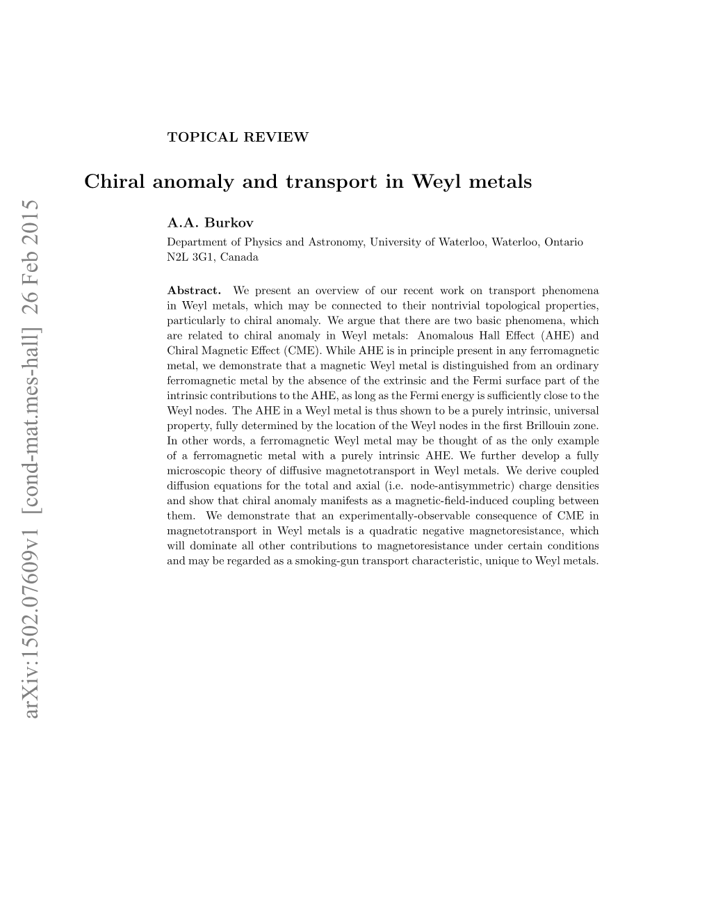 Chiral Anomaly and Transport in Weyl Metals