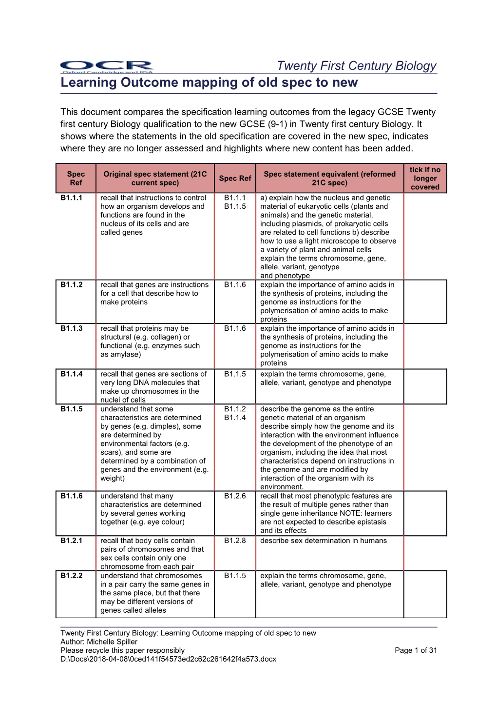 Learning Outcome Mapping of Old Spec to New