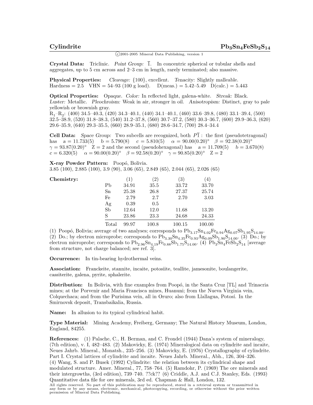 Cylindrite Pb3sn4fesb2s14 C 2001-2005 Mineral Data Publishing, Version 1