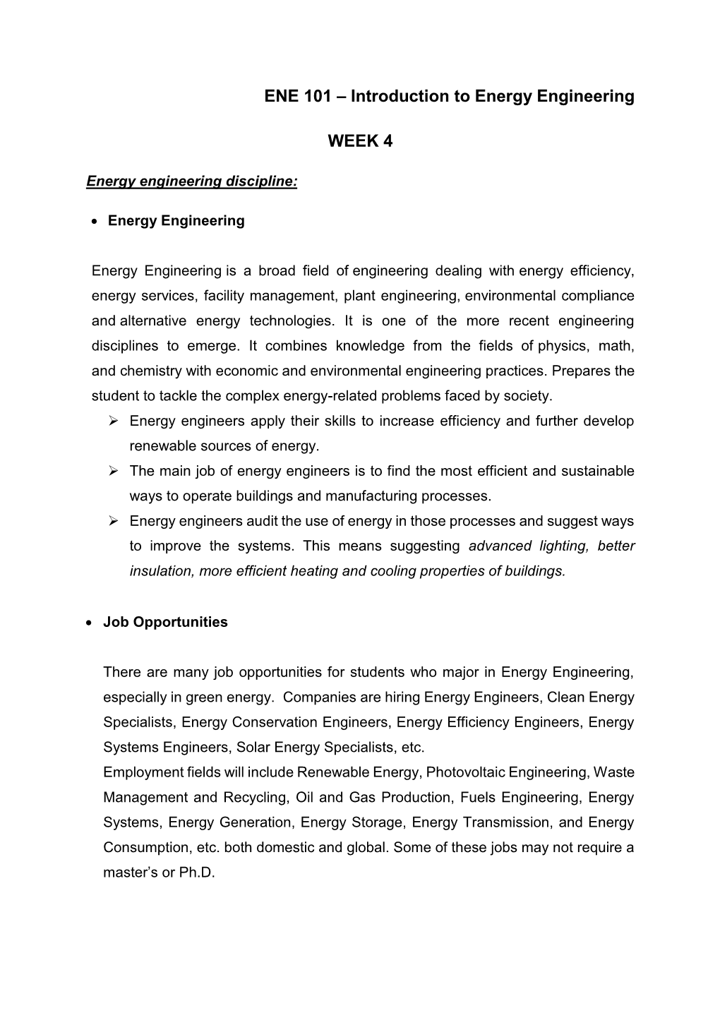 ENE 101 – Introduction to Energy Engineering WEEK 4