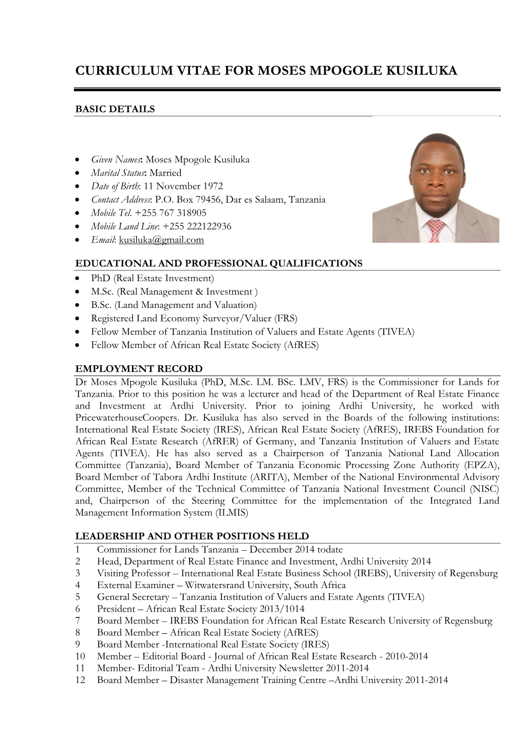 Curriculum Vitae for Moses Mpogole Kusiluka