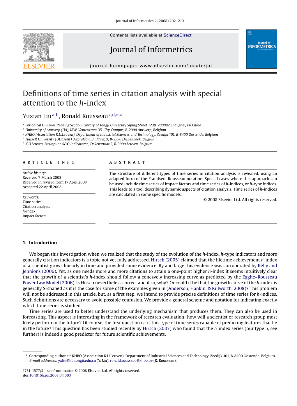 Journal of Informetrics Definitions of Time Series in Citation Analysis With