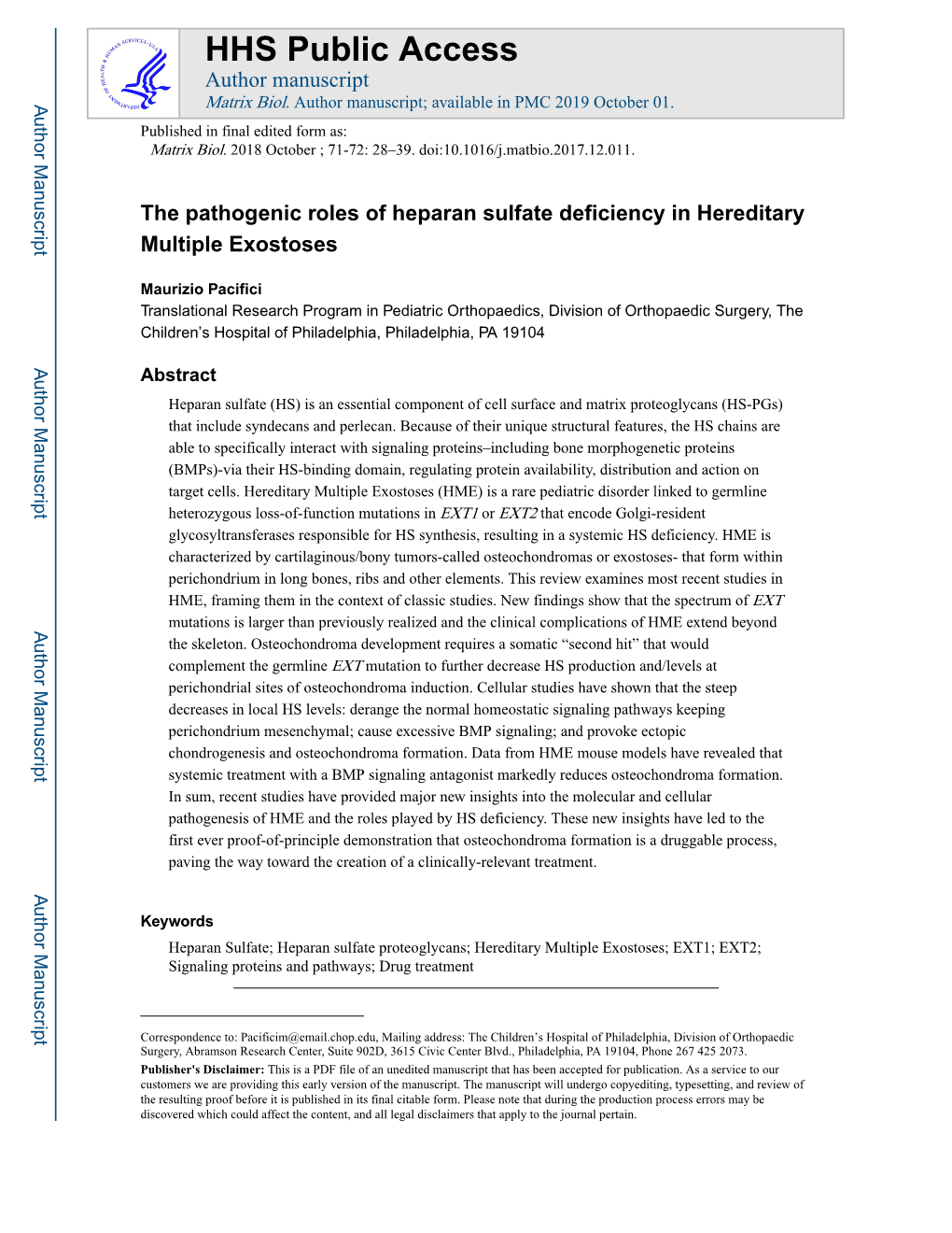 The Pathogenic Roles of Heparan Sulfate Deficiency in Hereditary Multiple Exostoses