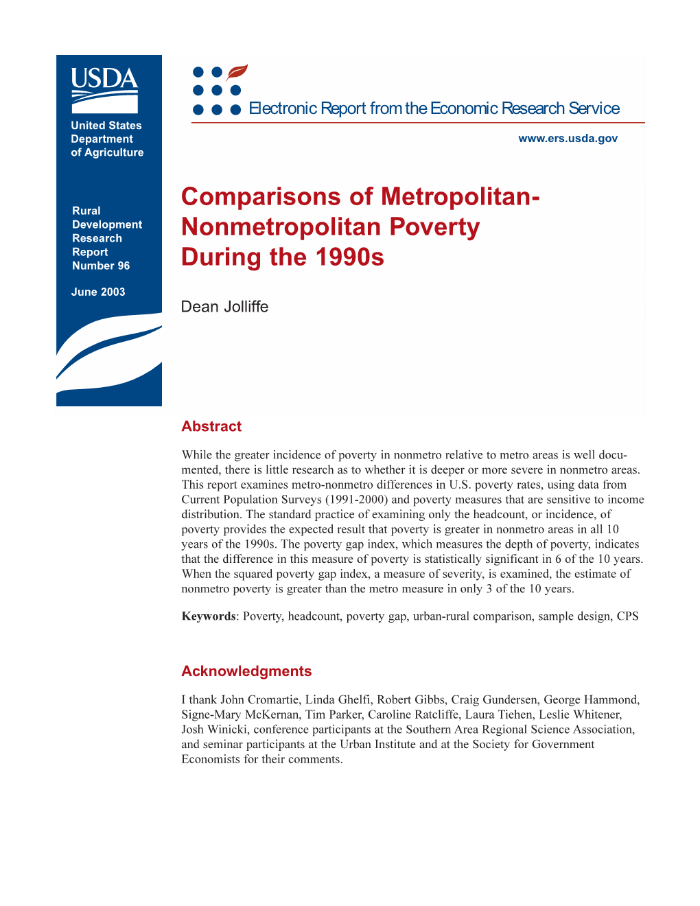 Comparisons of Metropolitan-Nonmetropolitan Poverty During the 1990S