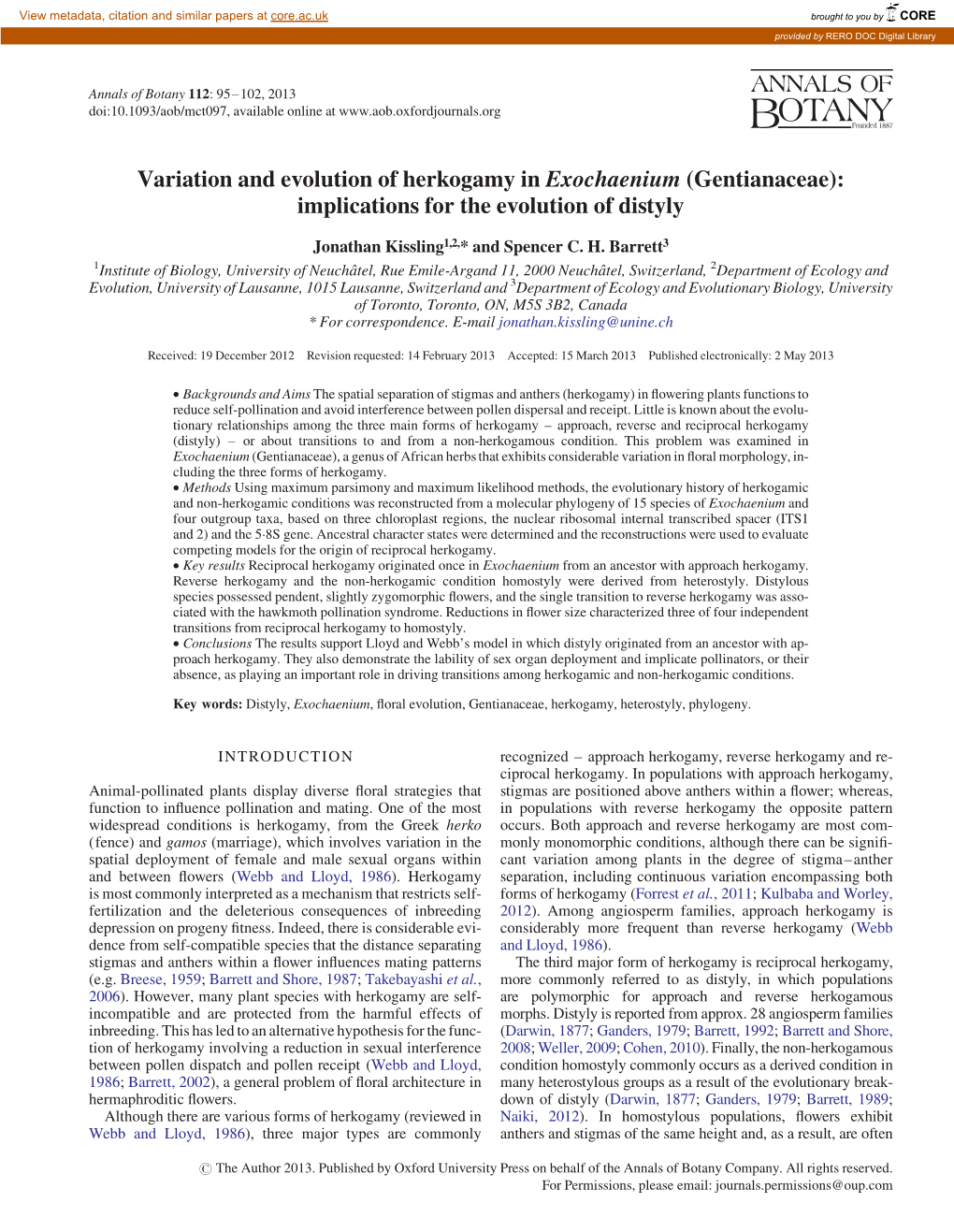 Variation and Evolution of Herkogamy in Exochaenium (Gentianaceae): Implications for the Evolution of Distyly