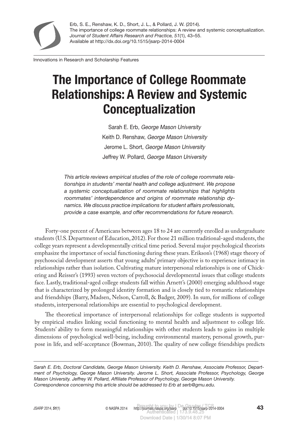 The Importance of College Roommate Relationships: a Review and Systemic Conceptualization