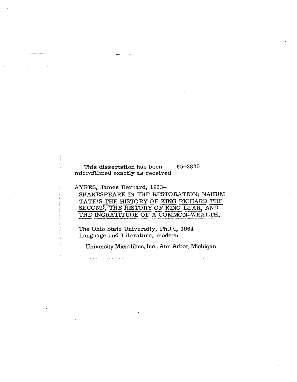 Shakespeare in the Restoration: Nahum Tate's the History of King Richard the Second, the History of King Lear, and the Ingratitude of a Common-Wealth