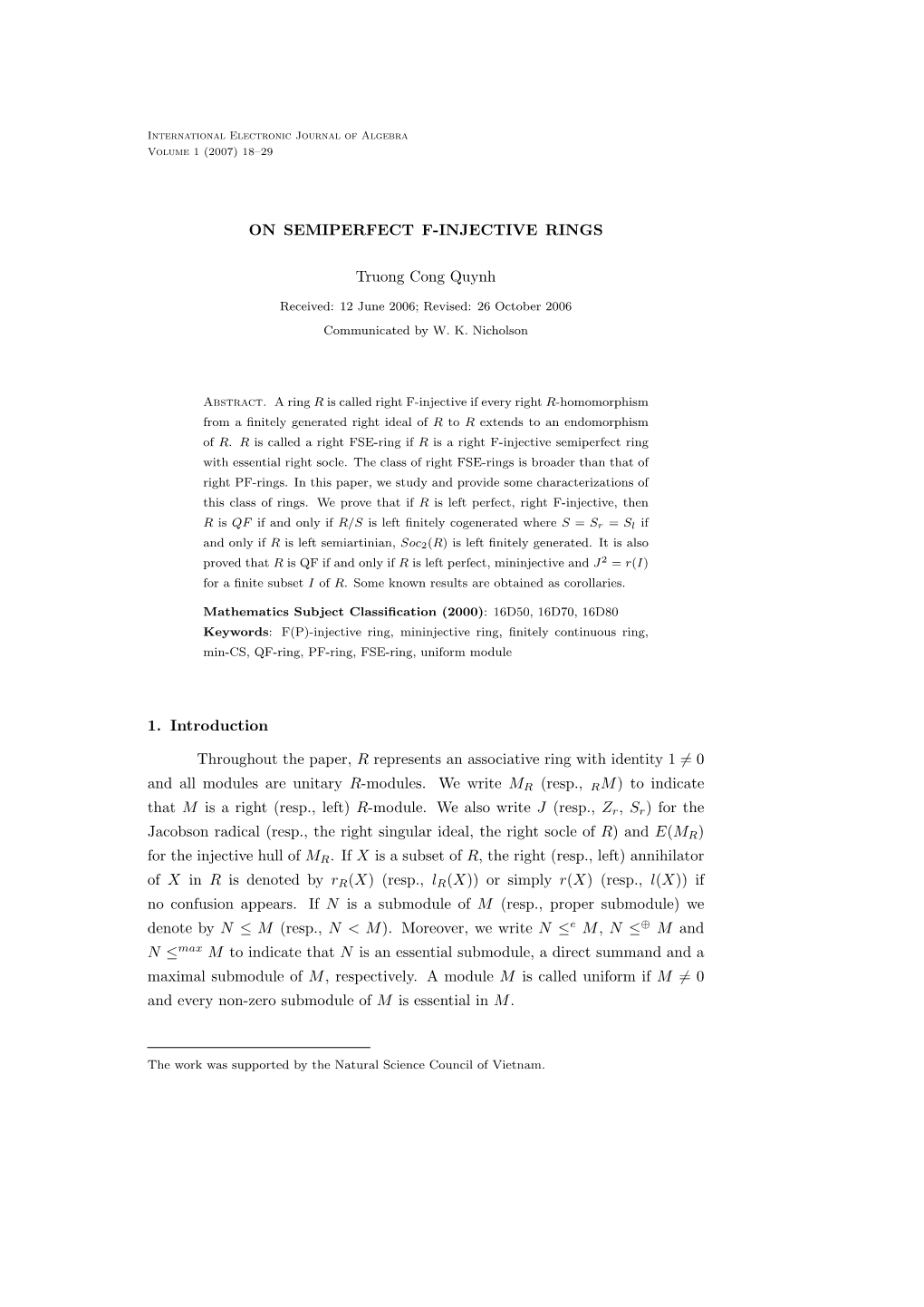 ON SEMIPERFECT F-INJECTIVE RINGS Truong Cong Quynh 1