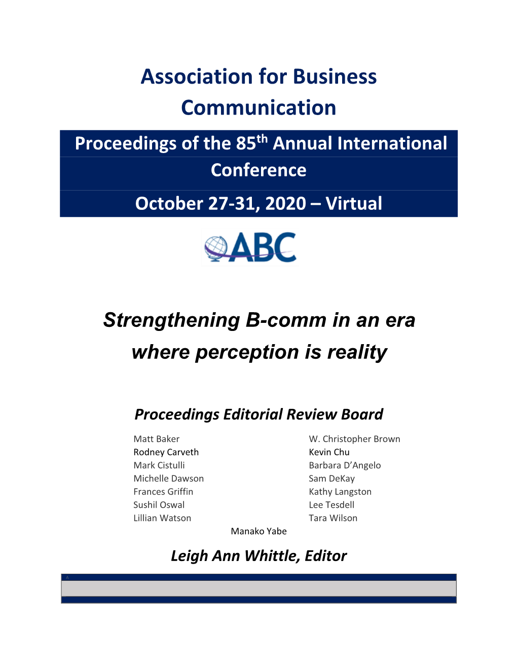 Association for Business Communication Proceedings of the 85Th Annual International Conference October 27-31, 2020 – Virtual