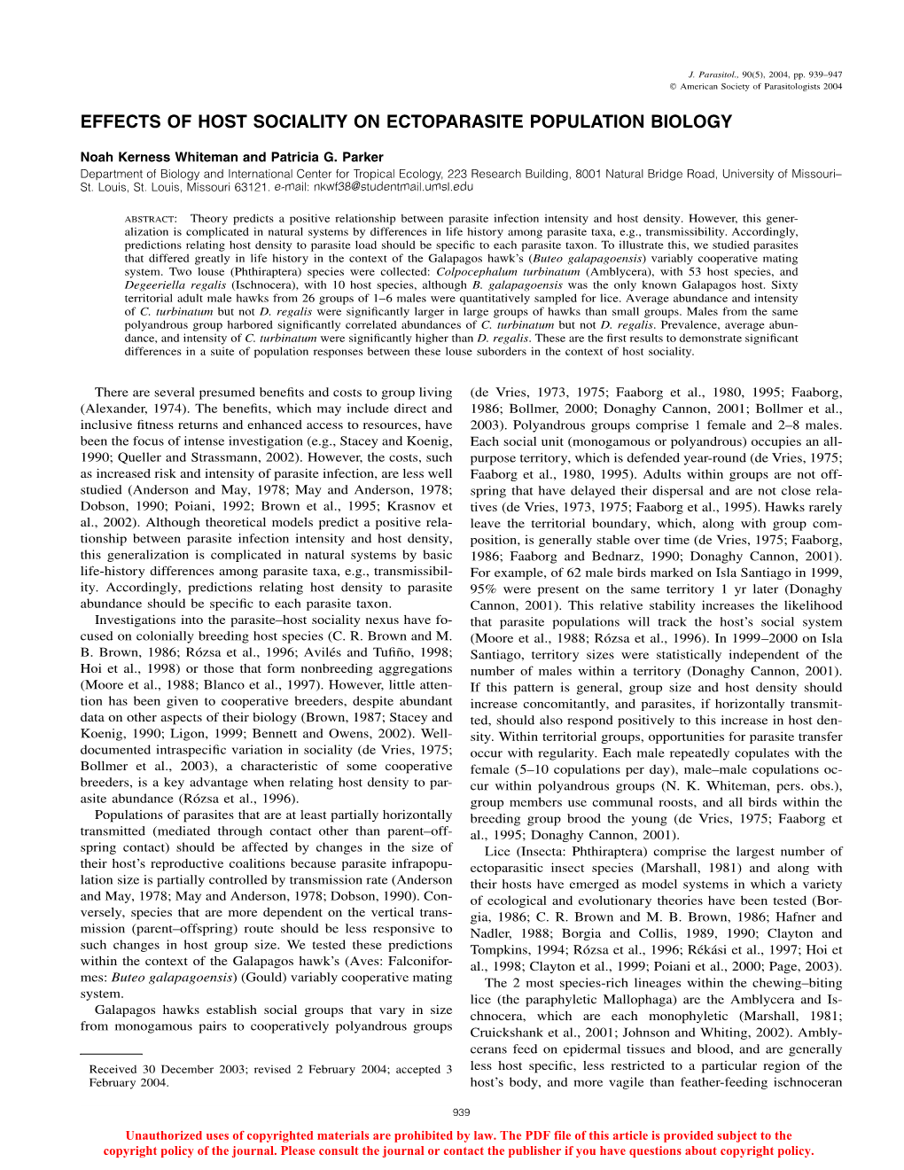 Effects of Host Sociality on Ectoparasite Population Biology