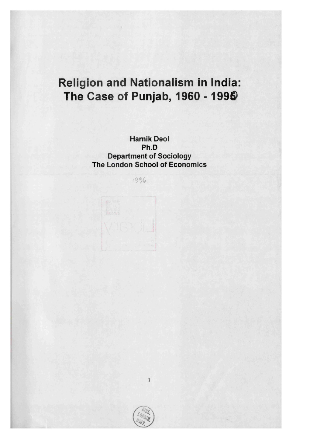 Religion and Nationalism in India: the Case of Punjab, 1960 -199©