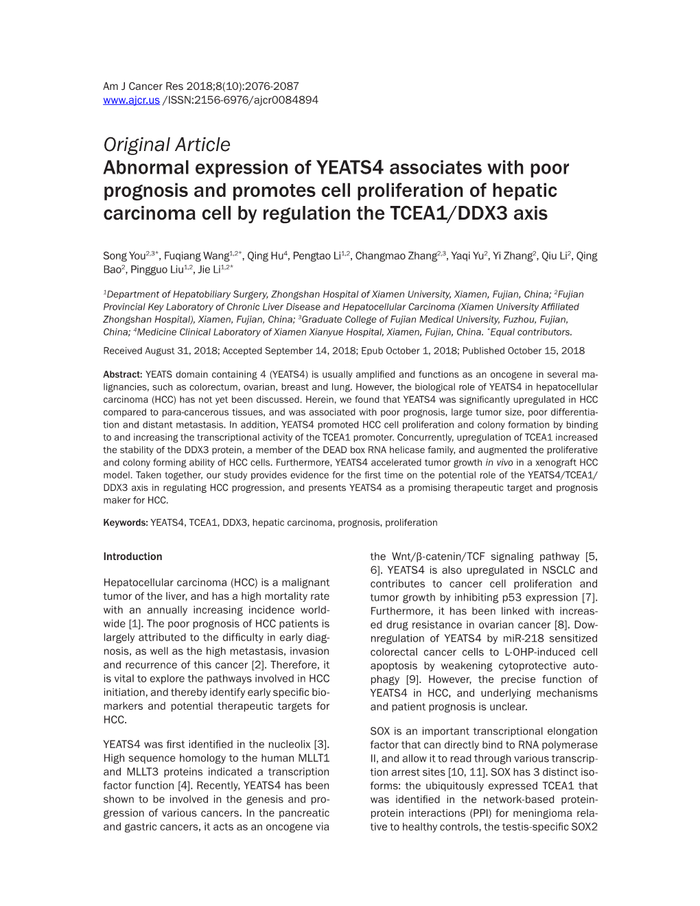 Original Article Abnormal Expression of YEATS4 Associates with Poor