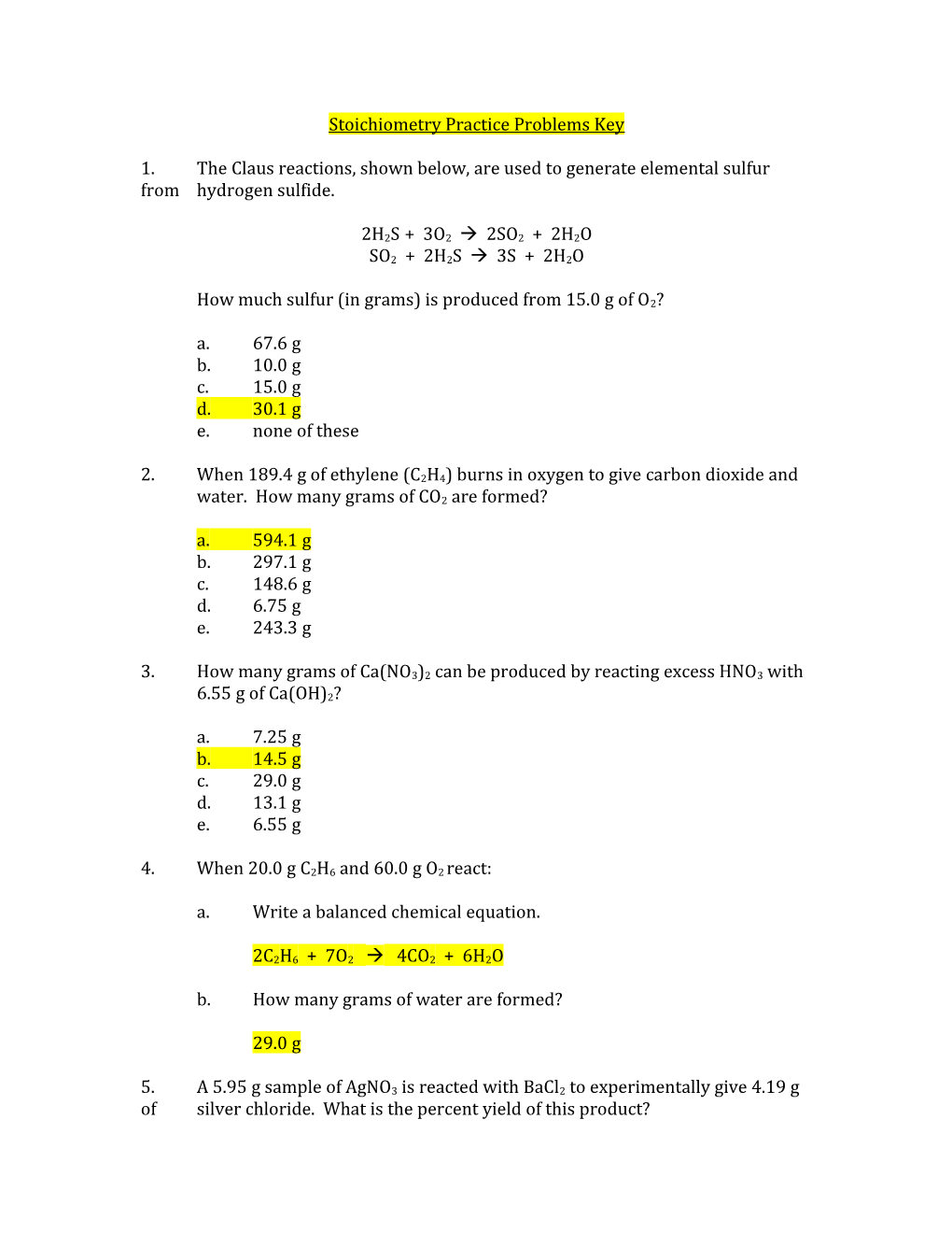 Stoichiometry Practice Problems Key