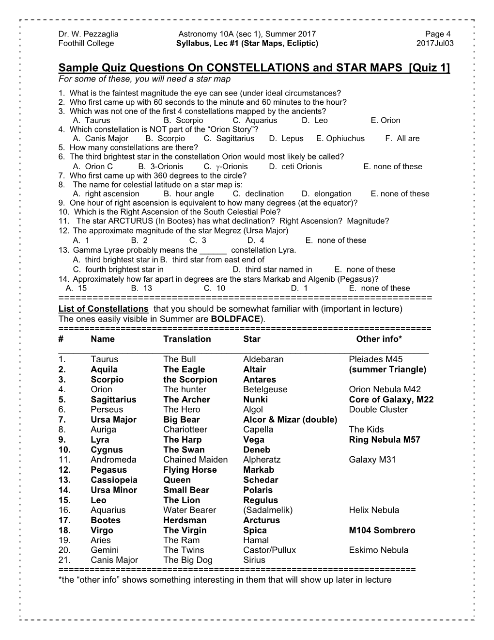 Sample Quiz Questions on CONSTELLATIONS and STAR MAPS [Quiz 1] for Some of These, You Will Need a Star Map 1