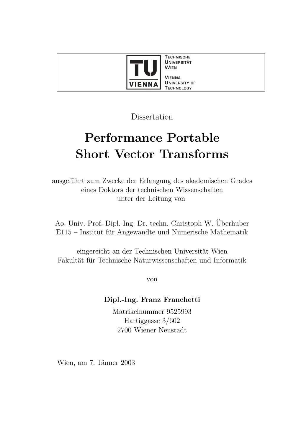 Performance Portable Short Vector Transforms