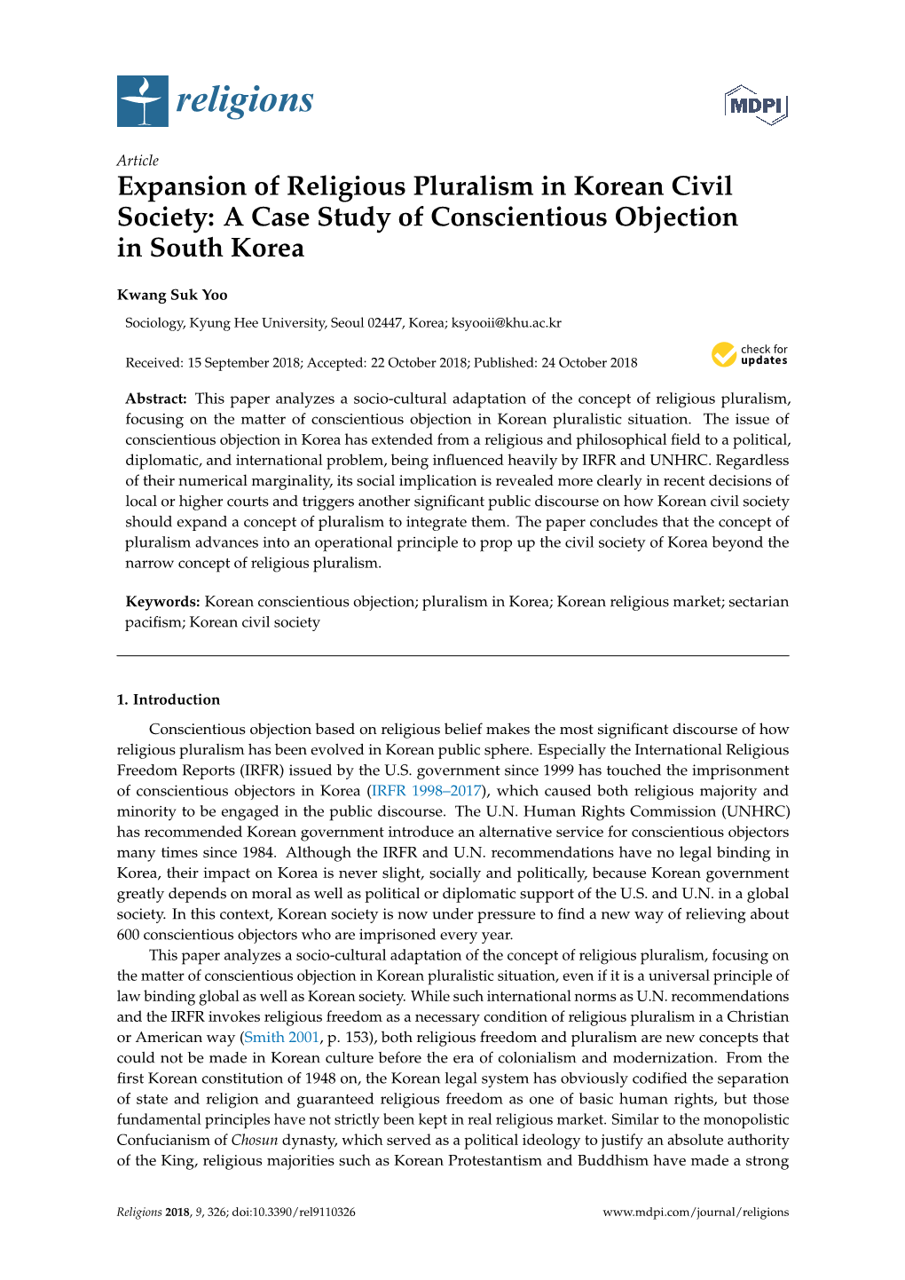 A Case Study of Conscientious Objection in South Korea