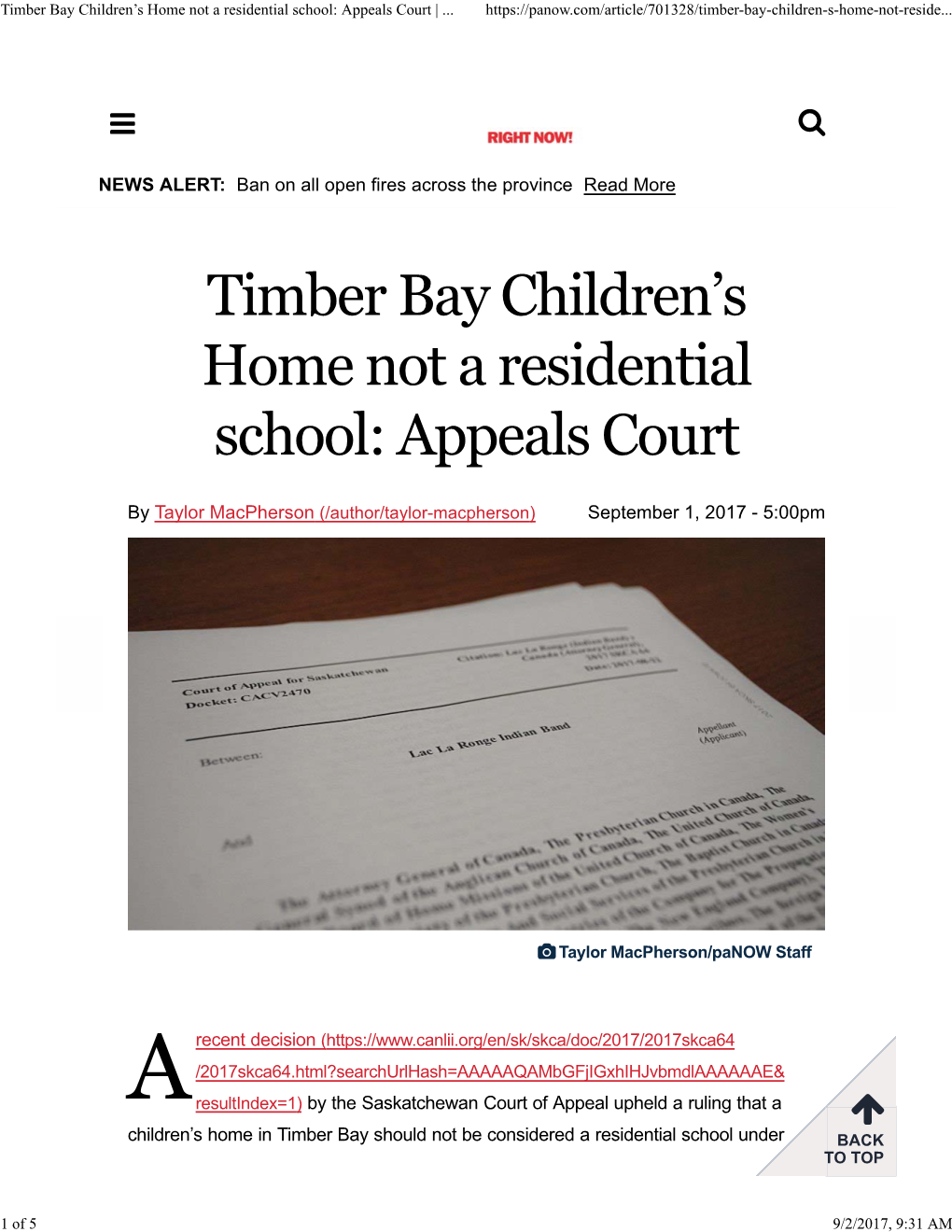 Timber Bay Children's Home Not a Residential School: Appeals Court