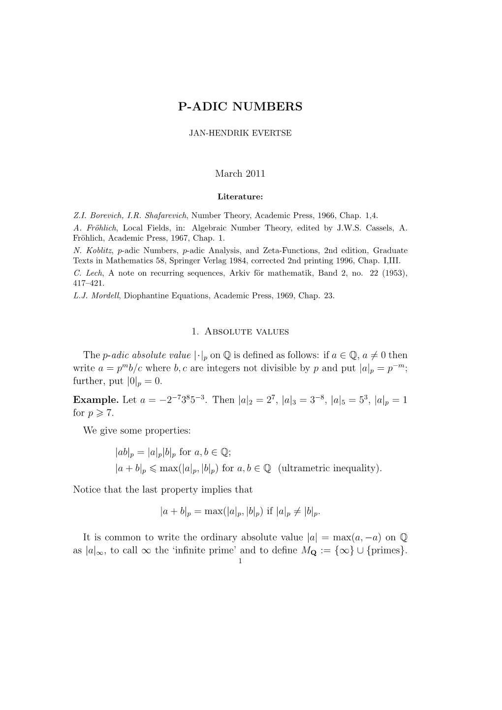 Notes on P-Adic Numbers