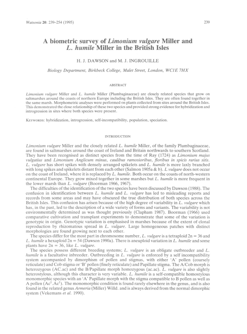 A Biometric Survey of Limonium Vulgare Miller and L. Humile Miller in the British Isles