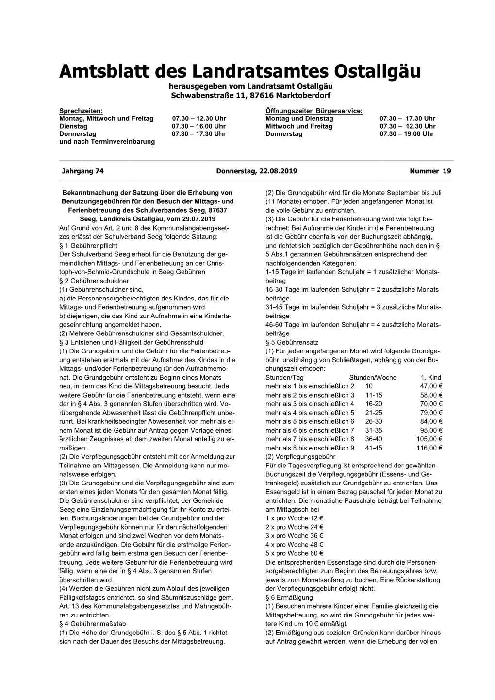 Amtsblatt Des Landratsamtes Ostallgäu Herausgegeben Vom Landratsamt Ostallgäu Schwabenstraße 11, 87616 Marktoberdorf