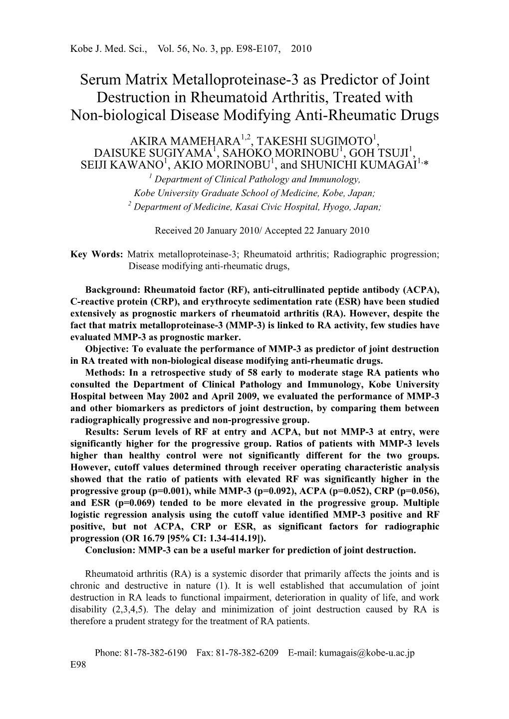 Serum Matrix Metalloproteinase-3 As Predictor of Joint Destruction in Rheumatoid Arthritis, Treated with Non-Biological Disease Modifying Anti-Rheumatic Drugs