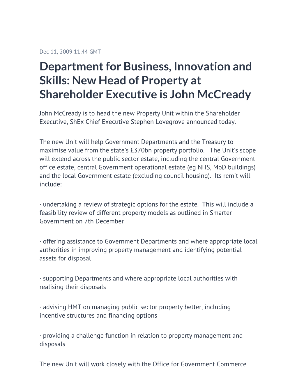 New Head of Property at Shareholder Executive Is John Mccready