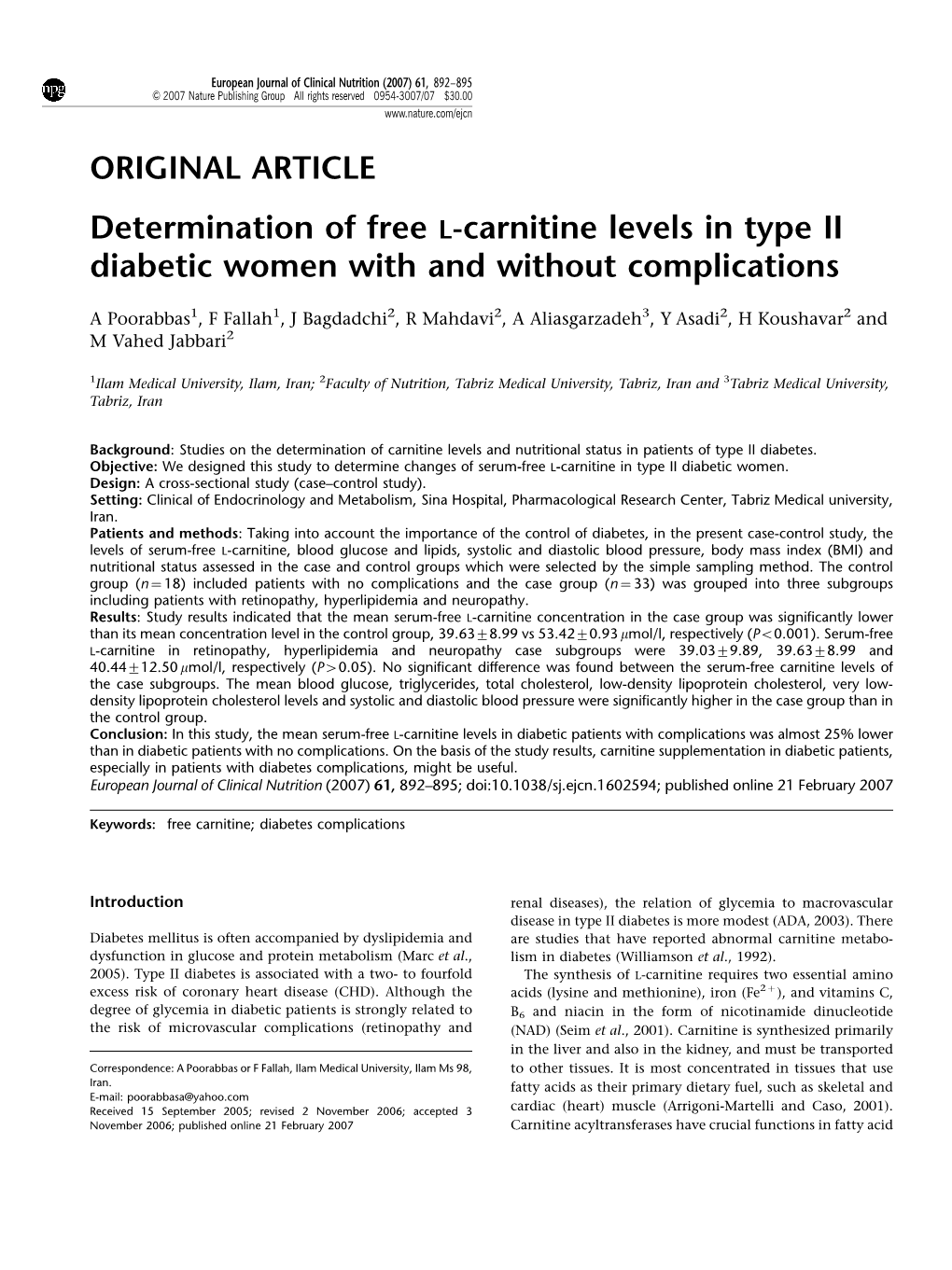 Determination of Free L-Carnitine Levels in Type II Diabetic Women with and Without Complications