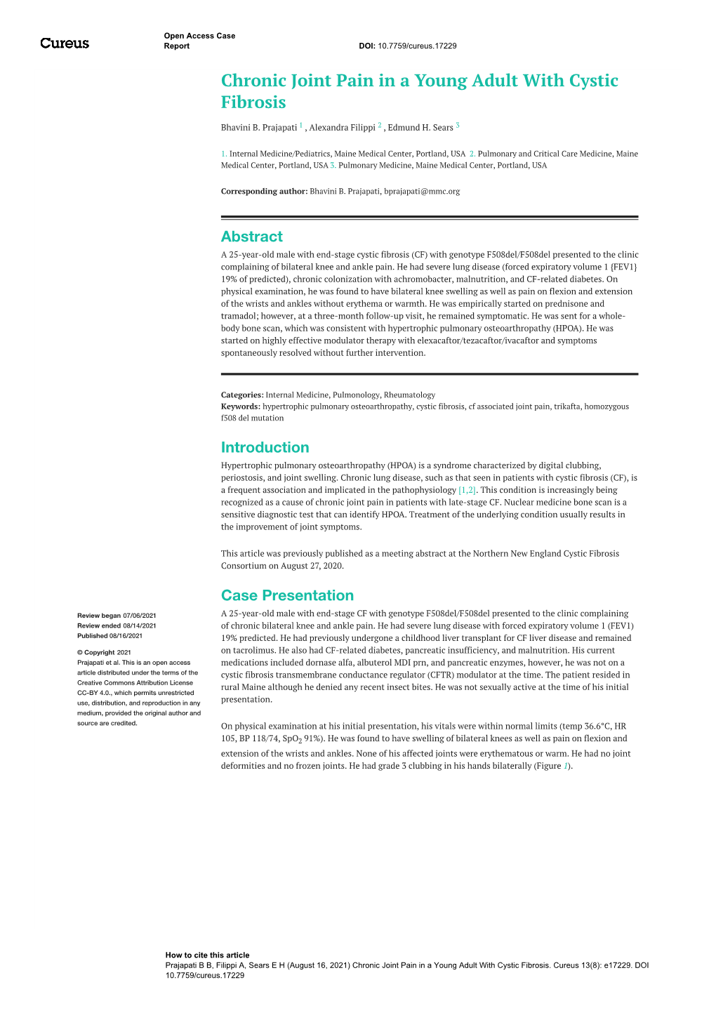 Chronic Joint Pain in a Young Adult with Cystic Fibrosis