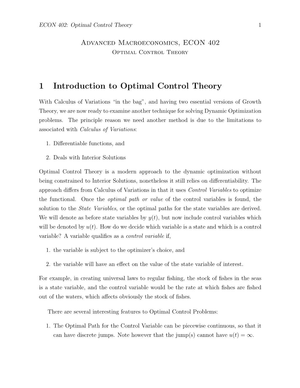 1 Introduction to Optimal Control Theory