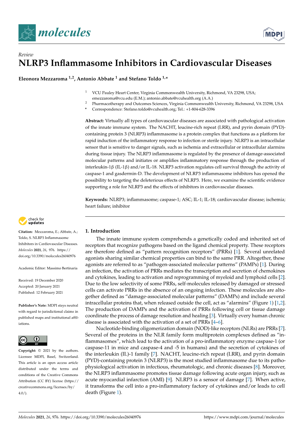 NLRP3 Inflammasome Inhibitors in Cardiovascular Diseases