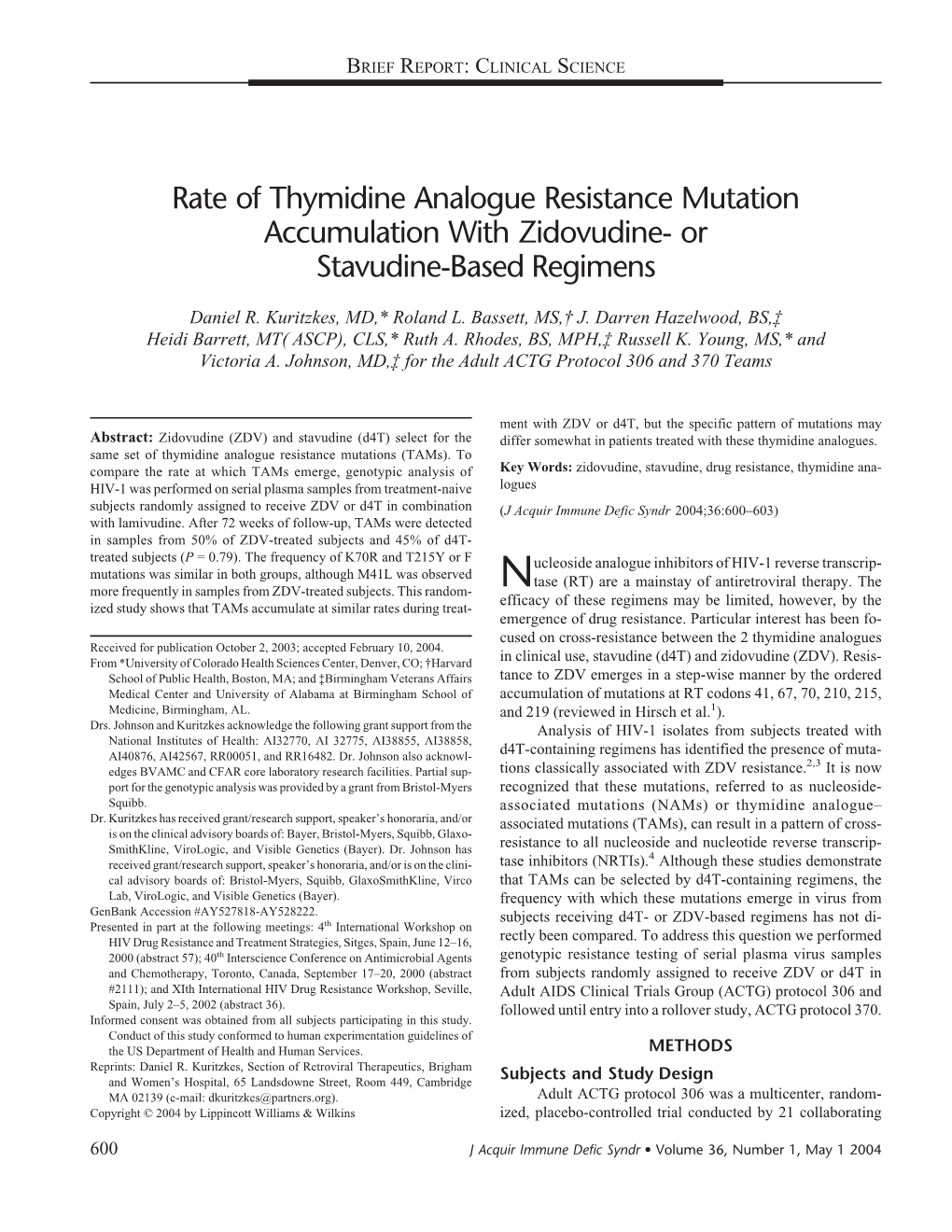 Rate of Thymidine Analogue Resistance Mutation Accumulation with Zidovudine- Or Stavudine-Based Regimens