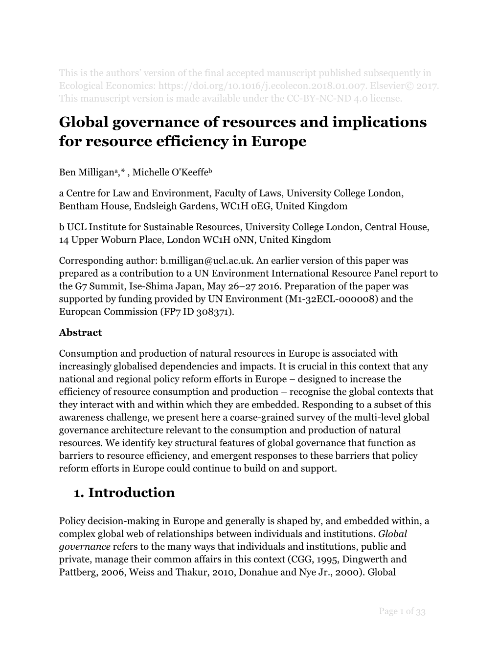 Global Governance of Resources and Implications for Resource Efficiency in Europe