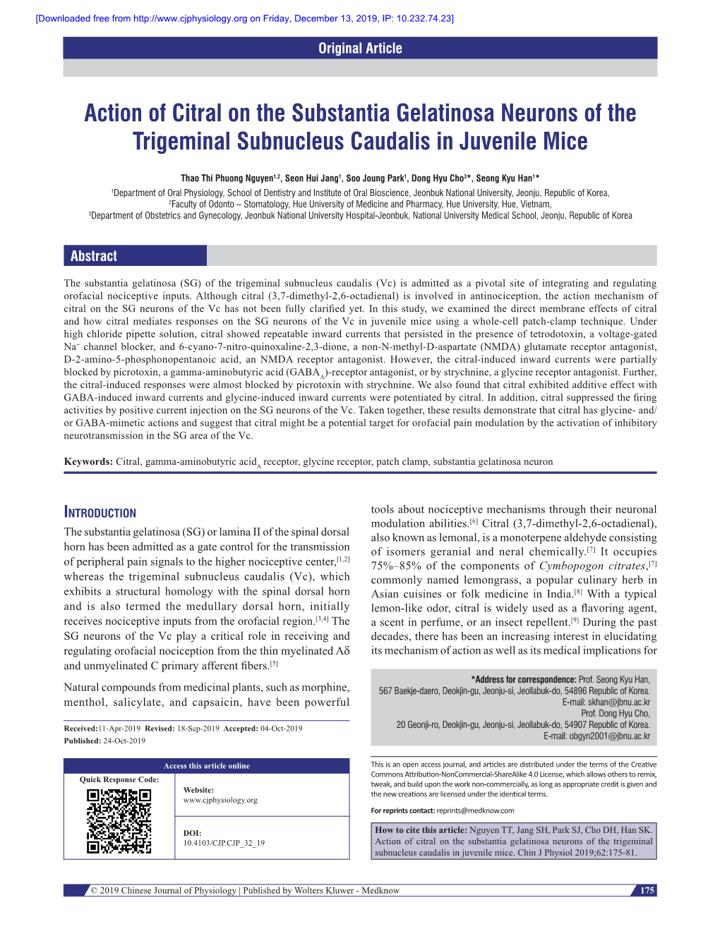 Action of Citral on the Substantia Gelatinosa Neurons of the Trigeminal Subnucleus Caudalis in Juvenile Mice