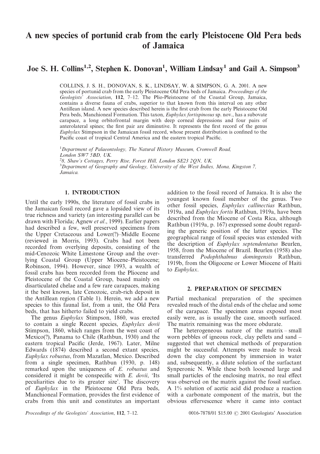 A New Species of Portunid Crab from the Early Pleistocene Old Pera Beds of Jamaica