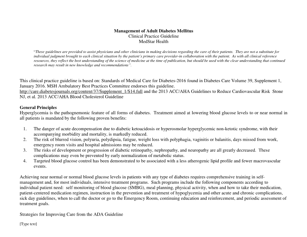 S Mellitus Clinical Practice Guideline Medstar Health