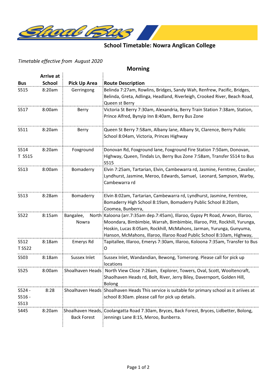 School Timetable: Nowra Anglican College Morning