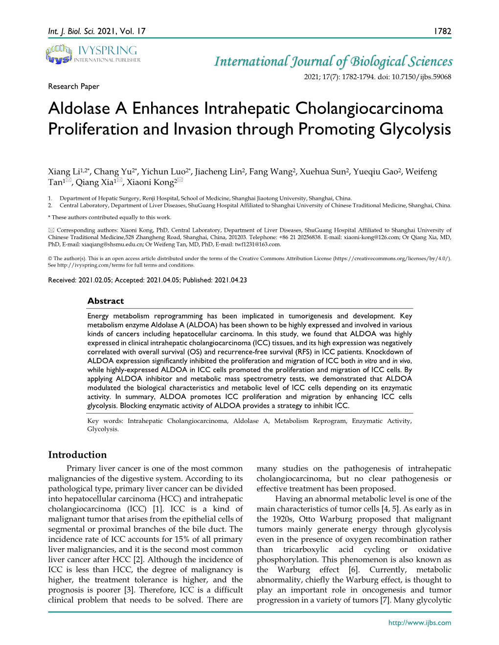 Aldolase a Enhances Intrahepatic Cholangiocarcinoma Proliferation and Invasion Through Promoting Glycolysis