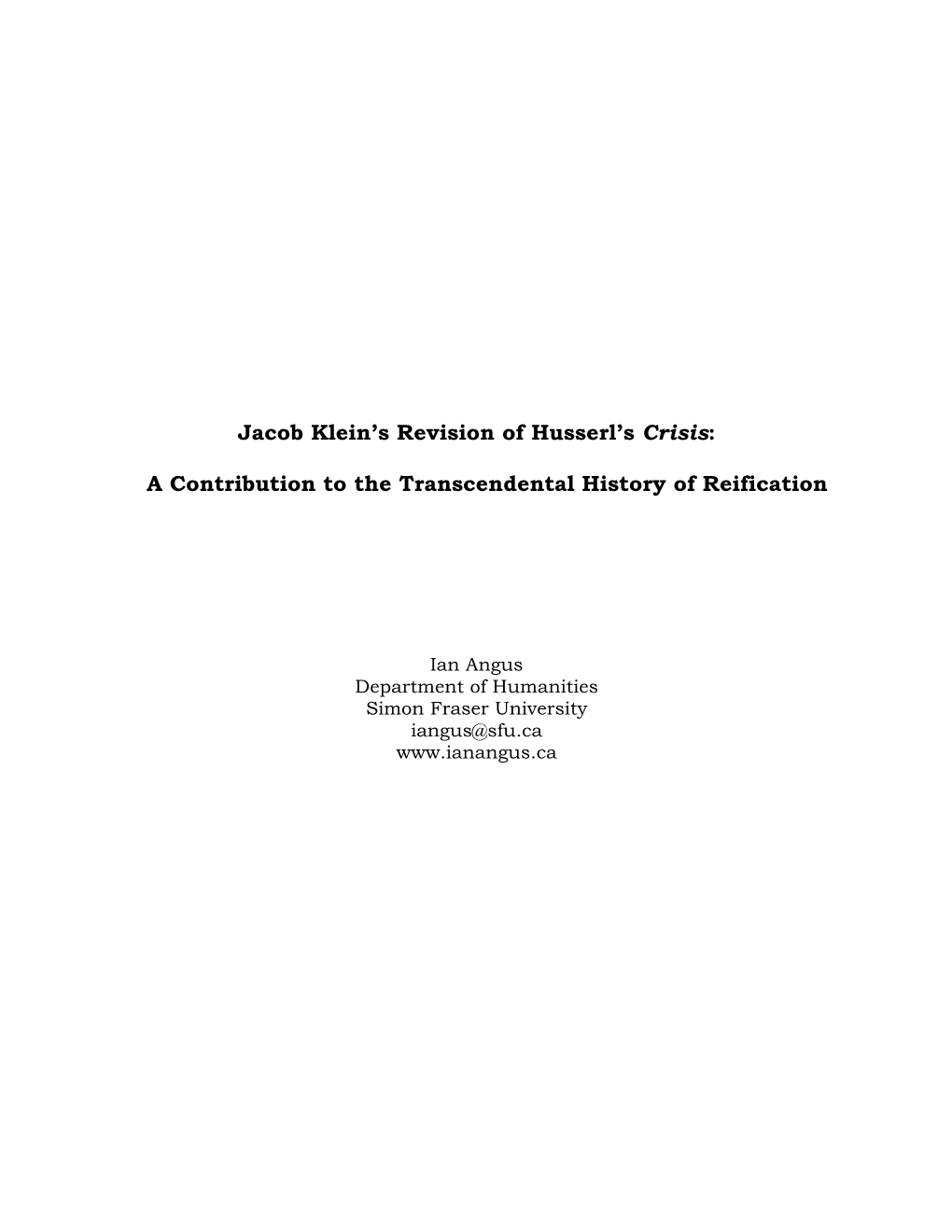 Jacob Klein's Revision of Husserl's Crisis