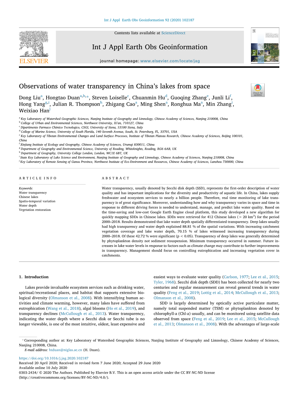 Observations of Water Transparency in China's Lakes from Space