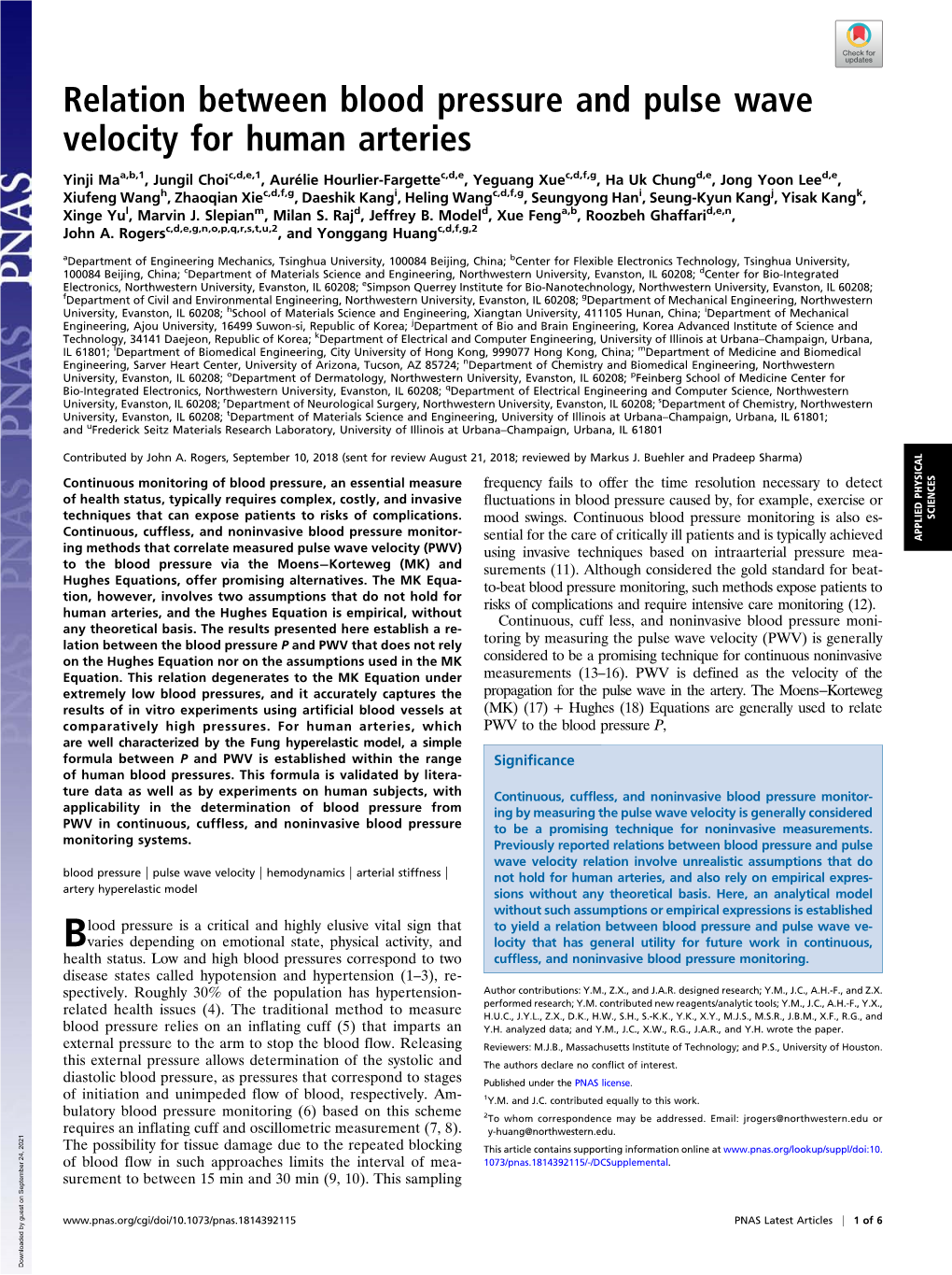 Relation Between Blood Pressure and Pulse Wave Velocity for Human Arteries